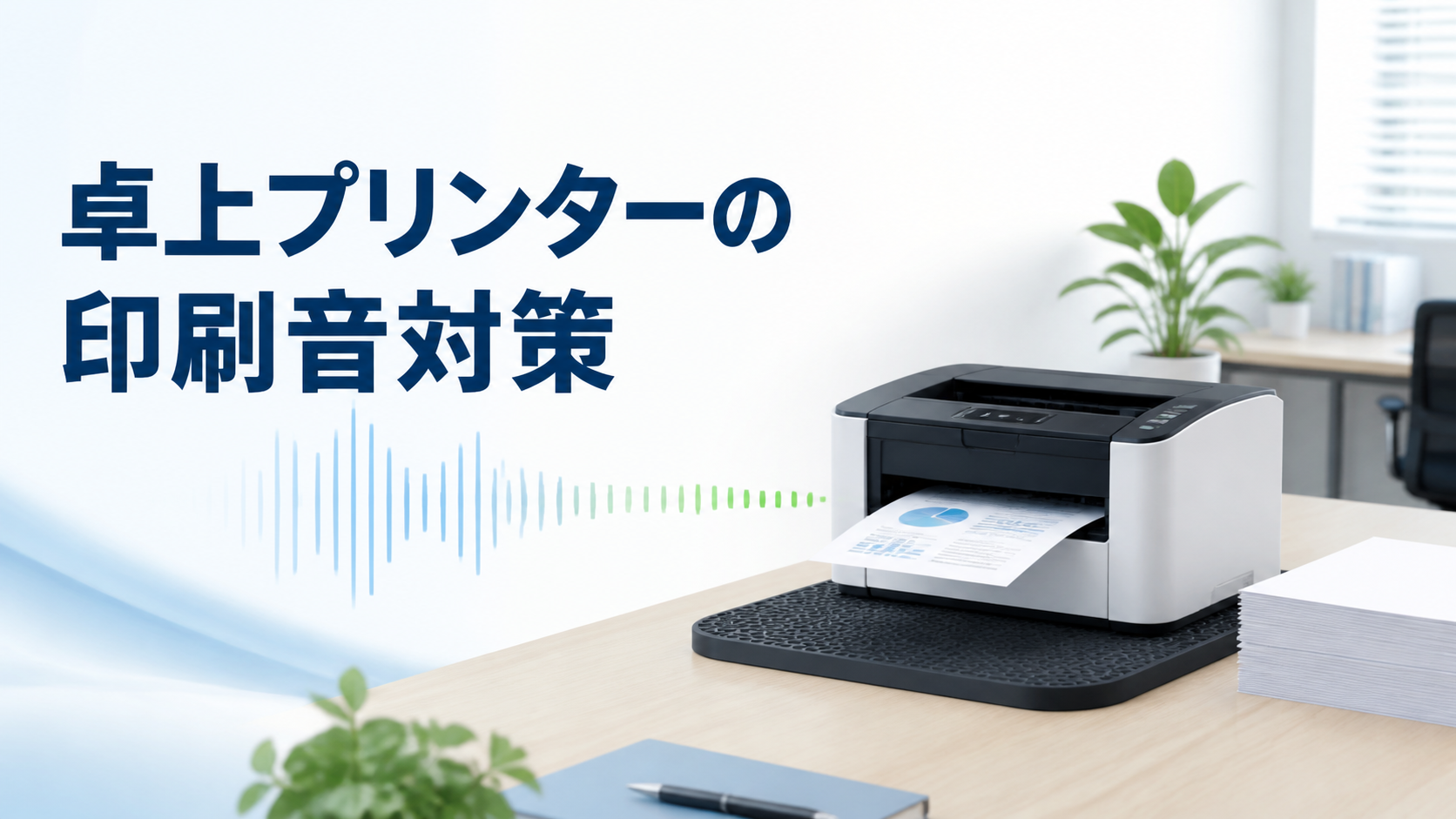 卓上プリンターの印刷音対策を示すオフィスイラスト