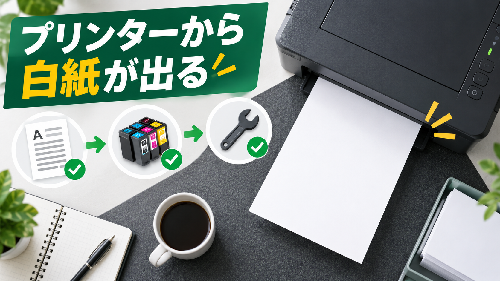 プリンターから白紙が出る症状と確認項目を示す俯瞰図