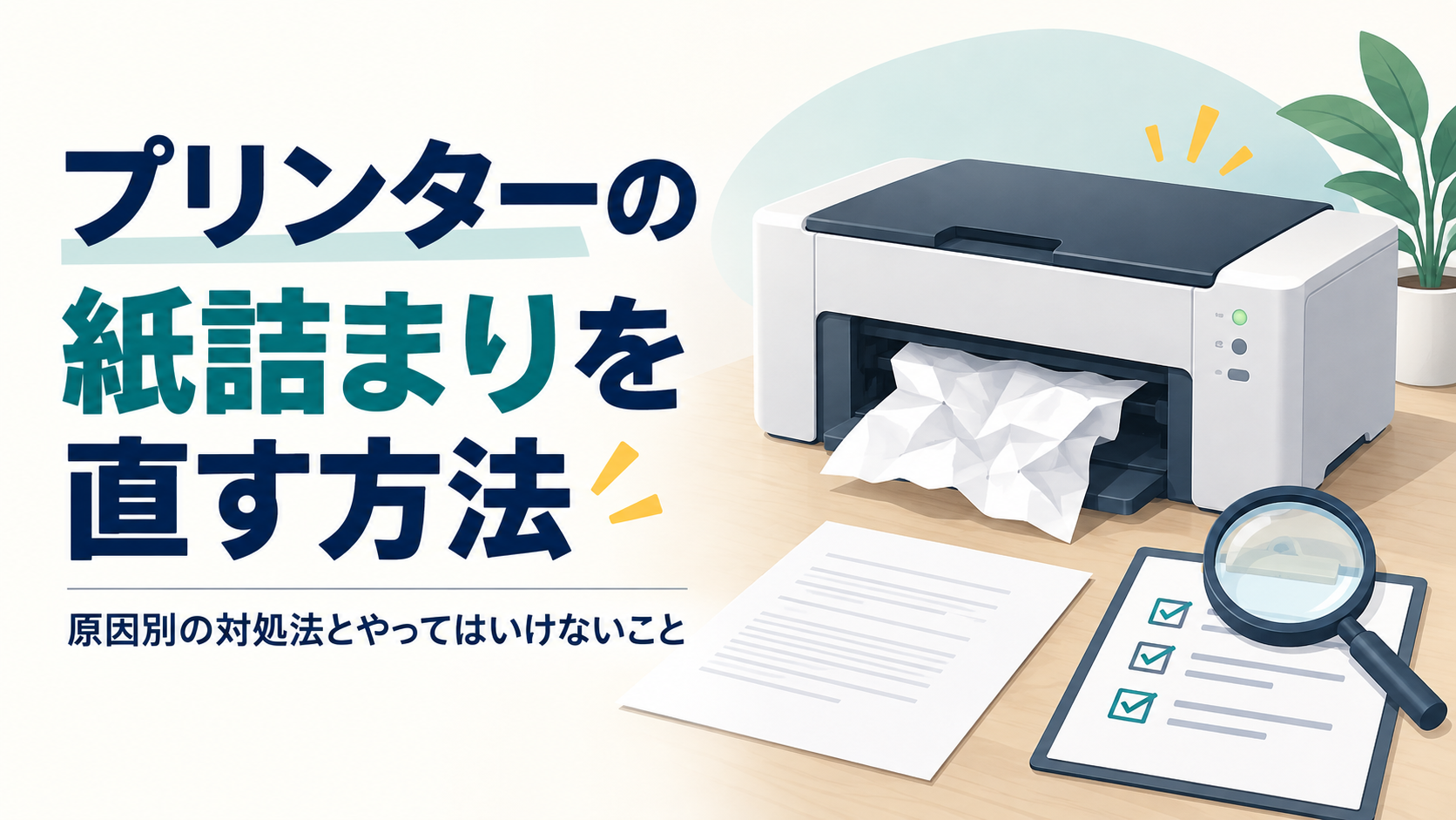 プリンターの紙詰まりを直す方法と原因別の対処法を示す、詰まった用紙と確認リストのイラスト