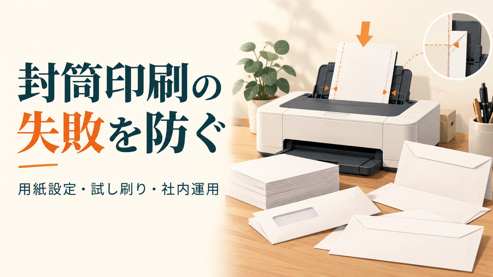 会社の封筒印刷で失敗しない方法を示す、封筒と給紙口のイラスト
